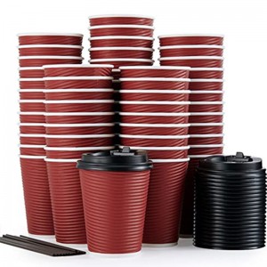 Disposable Paper Cups PLA / PE Coated Horizontal Line Ripple Wall Coffee Crimson Paper Cup With Lids