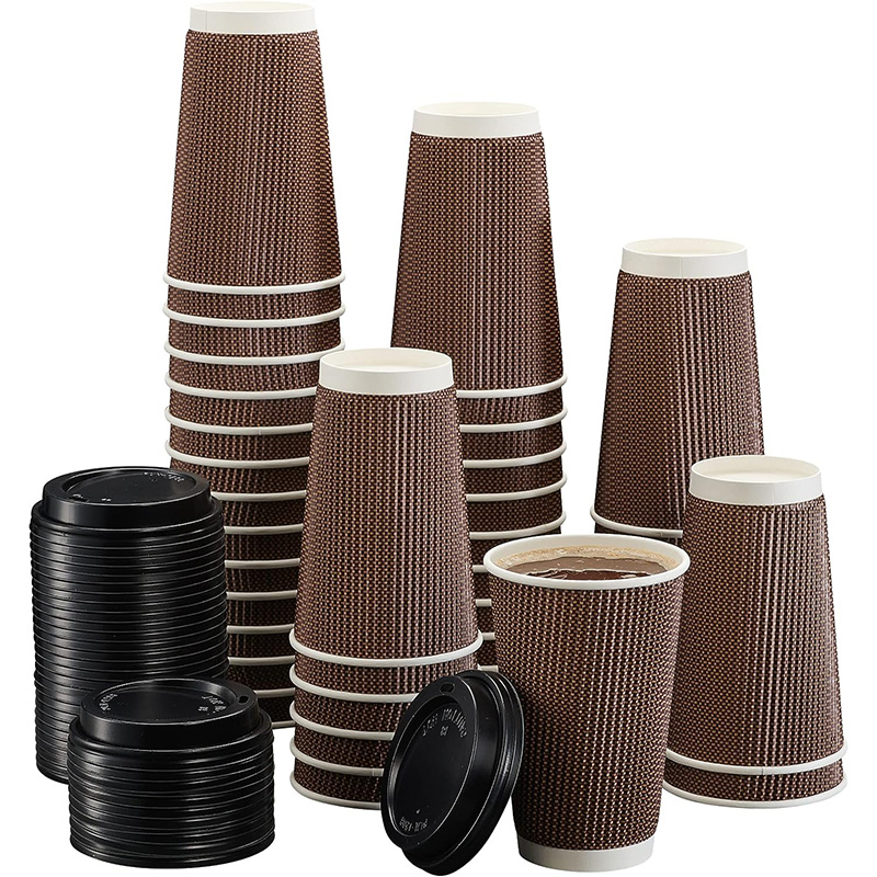 Double Ripple Wall Disposable Hot Coffee Cups with Lids and Straws