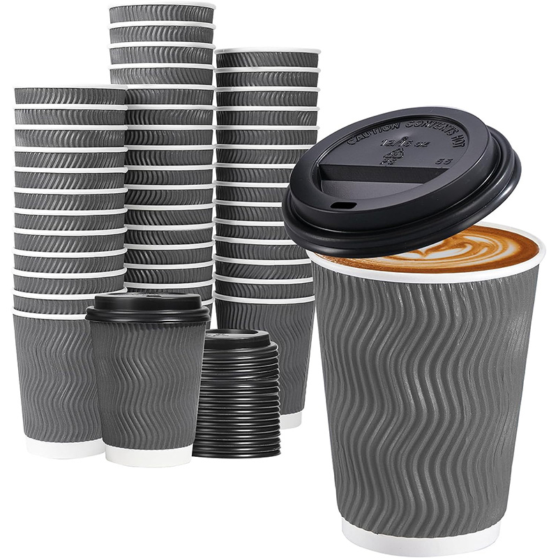 Disposable Coffee Cups with Lids, To Go Paper Coffee Cups with Lids, Corrugated Ripple Wall Cup for Hot Drink Office Coffee Bar